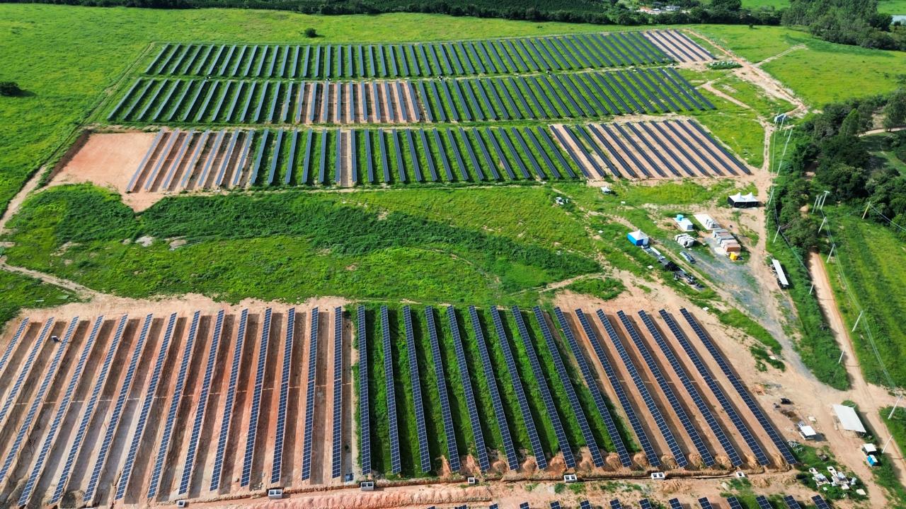 Fileiras de módulos fotovoltaicos vistas de cima